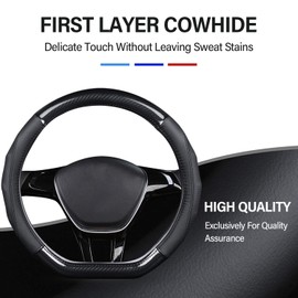 Ergocar Car Steering Wheel Cover Non-Slip Car Steering Wheel Protector Sport D-Shape Carbon Fiber & First Layer Cowhide Universal for Diameter 38cm(15")