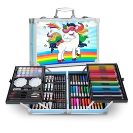 Raganet, Set de Arte Profesional con 145 Piezas, Juego de Dibujo con Plumones, Colores, Pinturas, Aquarelas y Crayolas, Kit de Pintura con Estuche Organizador Portatil en Forma de Maletin Azul
