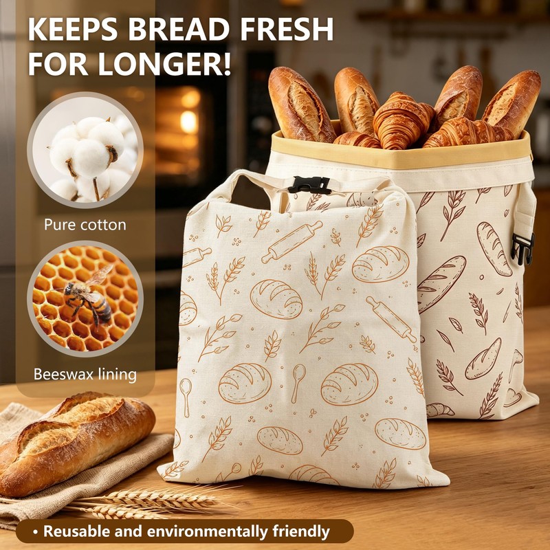 2‑Pack Beeswax Bread Bags, Detachable, for Keeping Bread Fresh