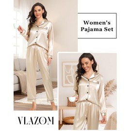 Vlazom Pyjamas for Women, Soft Satin Long Sleeve Pjs Set Two Piece Silk Pyjamas Classic Button Down Sleepwear Loungewear for All Seasons Champagne,XXL
