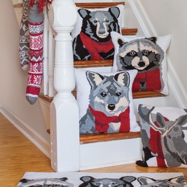 C&F Home Welcome Friends Racoon Bear Wolf Red Camping Rustic Forest Lodge Holiday Wool Handcrafted Premium Hooked Indoor Area Rug 2'x3' Gray