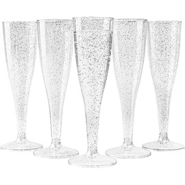 MATANA 48 Premium Plastic Champagne Flutes with Silver Glitter, 133ml - Elegant & Reusable Toasting Glasses, Cocktail Prosecco Glasses for Weddings, Birthdays, Christmas, Parties