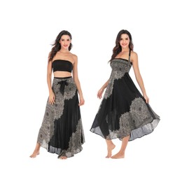 Alla Sim Black Skirt Womens 2 in 1 Maxi Skirt Boho High Wasit Dress,Black