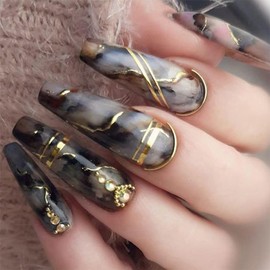 ANDGING Long Coffin Press on Nails Black Marble Glue on Nails for Women Fake Nails with Gold Line Curved Rhinestone Designs Artificial Acrylic Stick on Nails Gel Manicure False Nails for Wedding