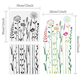 BENECREAT 2Pcs Wildflower Stencils, 12x12inch Tall Flower Weeds Tree Plants PET Painting Templates Drawing Stencils for Scrapbooking, Floor Furniture, Wall Art