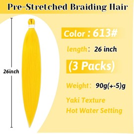 Pre stretched Braiding Hair 26 Inch Braiding Hair Extensions Hot Water Setting Synthetic Hair Pre Stretched Crochet Braids Hair(26 Inch,3 Packs,Yellow#)