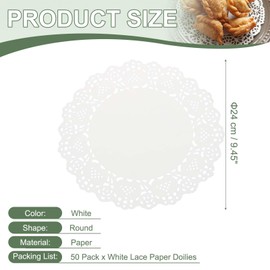 YELARXI Paper Doilies, 9.4 Inch White Lace Doilies Round Disposable Decorative Placemats Hollow Flower for Cakes Desserts Food Crafts Parties Birthday Tableware Decoration (50 Pack, White)