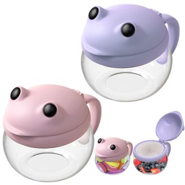 SELEWARE 2 Pack Toddler Snack Cups No Spill Snack Containers for Kids with Spill-Proof Lid & Handle, 12.3 Oz BPA-Free Plastic Baby Snack Catcher, Dishwasher Safe, Cute Frog Design (Pink & Purple)