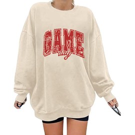 BEIDEFY Game Day Sweatshirt for Women Oversized Football Sweatshirts Football Mom Crewneck Long Sleeve Pullover Tops Apricot