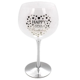 White & Silver Birthday Gin Glass - Heart Detail - 60th Birthday