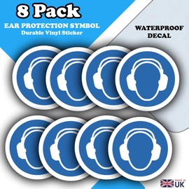 8 Pack - Ear Protection Safety Decals - 85mm Waterproof Vinyl - Ear Protection Must Be Worn Sticker Signs