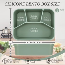 LELE LIFE Leak-proof Silicone Lunch Box Bento Box, Silicone Lunch Container 4 Compartments for Adults, Bento Snack Box, Microwave & Dishwasher Safe, Olive Green