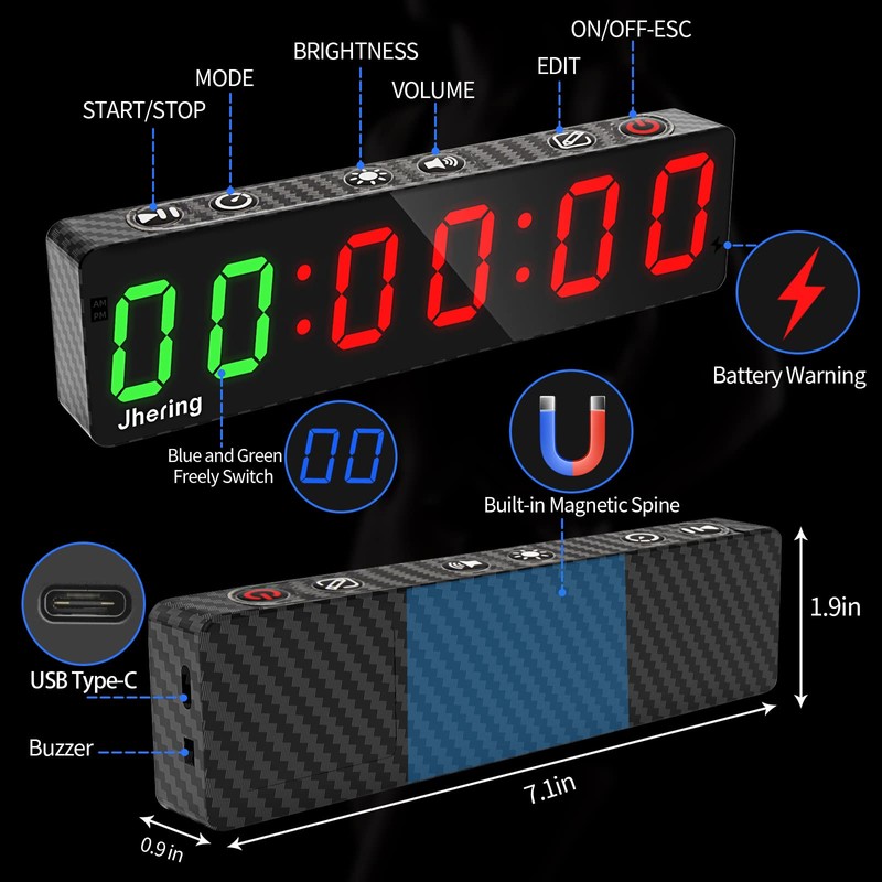 Jhering Gym Timer, Portable, Interval Timer with Rechargeable Battery and