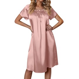 Ekouaer Womens, Silk Satin Nightgown Nightshirt, Short Sleeve, Sleep Dress, Loose Sleepwear, Pink, X-Large
