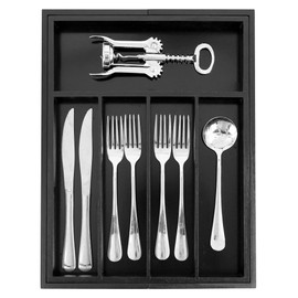 VaeFae Bamboo Silverware Organizer, Expandable Kitchen Drawer Organizer for Cutlery, Wooden Utensil Holder, Multi-Function Drawer Storage (Black)
