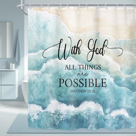 Riyidecor Beach Ocean Bible Verse Shower Curtain for Bathroom Decor 72Wx72H Teal Coastal Nautical Modern Seaside Christian Tropical Art Printed Fabric Polyester Waterproof 12 Pack Plastic Hooks