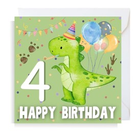 Second Ave Dinosaur 4th Birthday Age 4 Square Children's Kids Birthday Greeting Card for Boy or Girl