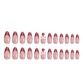 MERVF Almond Press on Nails Medium Fake Nails Red French Tip Stiletto Glue on Nails with 3D Bow Pearls Design Chrome Acrylic False Nails Press ons 24pcs Glossy