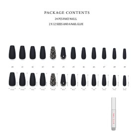 Hypnaughty 24 Pcs Rhinestone Noir Coffin Press On Nails with Gunmetal Color Luxury Rhinestones and Glue Medium Length Glue On False Nails (Rhinestone Noir)