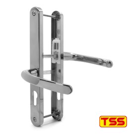 TSS UPVC Door Handles Set - Lever Offset Lever - 48mm / 87mm PZ (Centres) - 240mm Screw to Screw - Backplate 270mm X 32mm - Replacement UPVC Door Handles - PVC Door Handle (Polished Chrome)