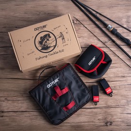 Goture 3-in-1 Fishing Tackle Binder Combo-Soft Bait Binder, Spinning Reel Cover, 2 Rod Straps, Soft Plastic Bait Storage Lure Bag with 8 Clear PVC Sleeves,Mesh Pockets, Gifts for Men