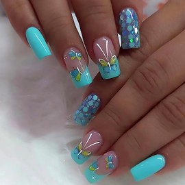 French Tip Press on Nails,Medium Coffin Shape Fake Nails,Glossy Summer False Nails with Butterfly Sequins Design,Acrylic Artificial Nails for Women,Reusable Full Cover Stick on Nails Glue on Nails