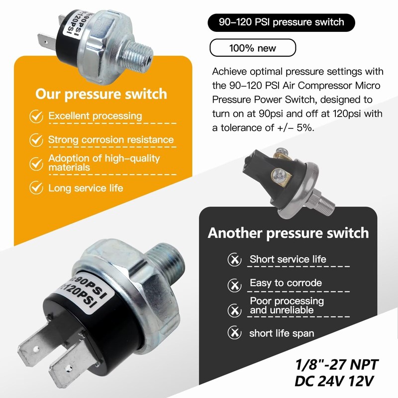90-120 PSI Pressure Switch Long Lasting Steel Copper Surface Mount