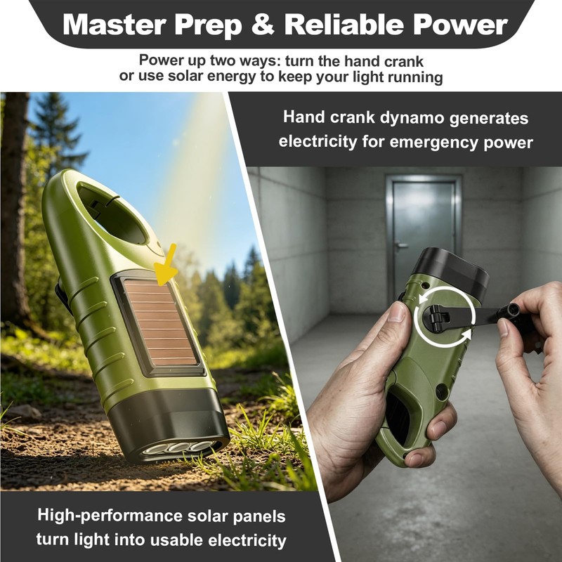 2 Pack Wind Up Torch, LED Torch with Solar Power