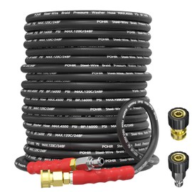 POHIR 50ft Pressure Washer Hose 4500PSI, 3/8 Inch Power Washing Hose Steel Wire Braided with Swivel Quick Connector & 2pcs M22 Adapter Set, Kink Resistant Commercial Grade for Cold and Hot Water 248°F