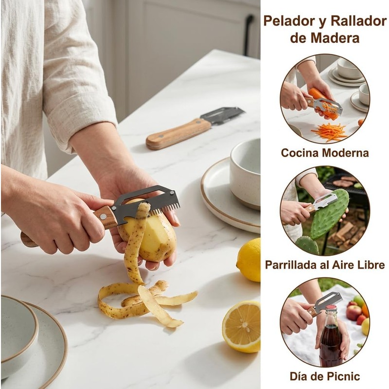 2 Piezas 3 en 1 Pelador Frutas y Verduras, Acero