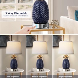 espidoo Pineapple Table Lamp with USB Charging: Navy Blue Ceramic Coastal Bedside Lamp - 3-Way Dimmable Touch Control Nightstand Lighting for Beach House Guest Rooms & Home Office Decor