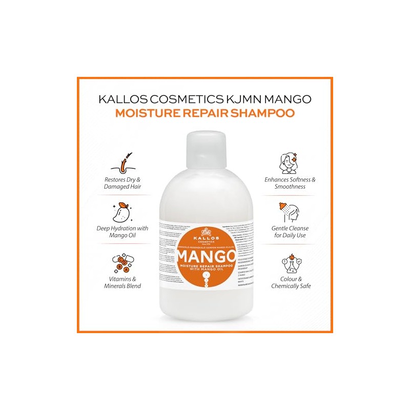 Kallos Cosmetics Mango Moisture Repair Shampoo, For Damaged Hair, 1L