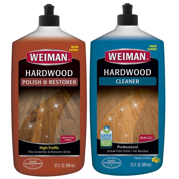 Weiman Hardwood Floor Cleaner and Polish Restorer Combo - 2 Pack - High-Traffic Hardwood Floor, Natural Shine, Removes Scratches, Leaves Protective Layer - Packaging May Vary