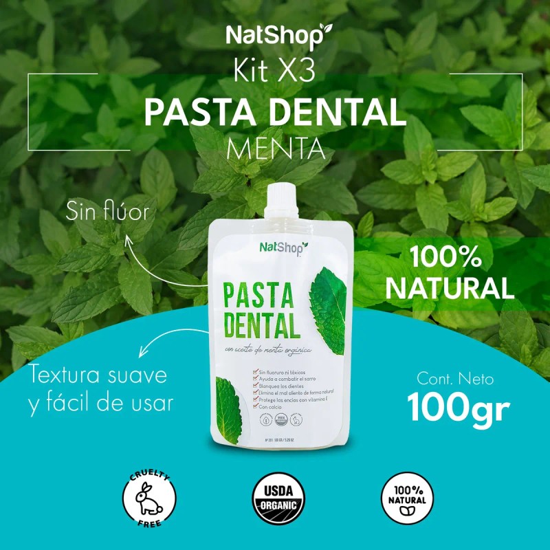 Set 3 Pastas Dentales Natural Menta Orgánica 100g Natshop