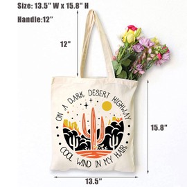 Womens On A Dark Desert Highway Cool Wind in My Hair Funny Cactus Lover Cotton Reusable Tote Bag for Work 15.8 x 13.5 inches
