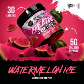 Warrior Creatine Monohydrate + Collagen Powder 270g - Pure Hydrolysed Peptides (Bovine) - Supports Muscle Recovery - Workout Supplement for Women and Men (not Tablet) - 30 Servings (Watermelon Ice)