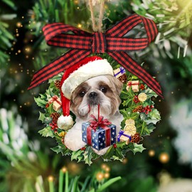 Talataca Shih Tzu Wearing A Christmas Hat Wreath Dog Lover Christmas Tree Wood Ornament Red & Black Buffalo Plaid Bow Decor Wooden Hanging Decoration House Present Xmas Eve Keepsake Decorative