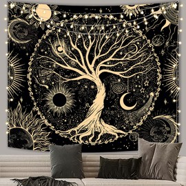 Avinyl Extra Large Tree of Life Wall Tapestry for Bedroom, Sun and Moon Wall Tapestries Aesthetic, Black and Gold Wall Hanging Home Decor for Dorm Living Room Office 71in x 91in