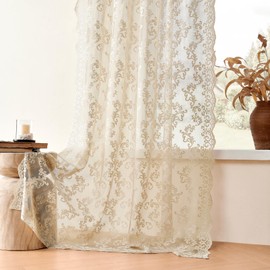 Beige Lace Curtains 102 Inches Long 2 Panels Vintage Paisley Sheer Lace Curtains for Living Room Bedroom Rod Pocket Light Filtering Large Window Privacy Decor for Dining Room Neutral Drapes, 52x102