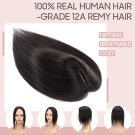 Silk-co Hair Topper Real Hair, 10 x 12 cm Base Toupee Women, Hair Topper Real Hair with Remy Silk Base, Hair Topper Clip-In Hairpiece Extensions, 15 cm 1B# Natural Black