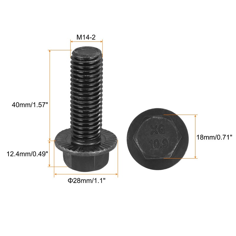 sourcing map M14-2x40mm Hex Serrated Flange Bolts 10.9 Grade Carbon