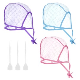 3PCS Highlight Cap, Hair Highlighting Caps With 3 Plastic Crochet Hooks Highlighting Kit for Hair Coloring Salon Dyeing Bleach Salon and DIY Hairdressing Supplies(Pink Blue Purple)