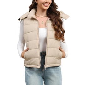 Nitzana Women's Puffer Vest Detachable Hooded Stand Collar Puffy Quilted Vests Outerwear With Pockets Fall Winter Vest for Women Trendy 2025 Zip Up Sleeveless Ladies Padded Gilet Outfits Khaki M