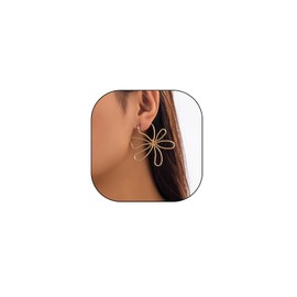 Large Linear Flower Hoop Earrings for Women Geometric Irregular Wire Frame Floral Huggie Earrings Minimalist Flower Metal Earrings Charm Jewelry Gifts (Gold)