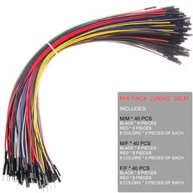 Hellotronics Breadboard Jumper Wires 22AWG, Pack of 120 Pieces Mix Pack More Red and Black Jumpers, Square Head 0.1'' 10 Colors (30CM, MMx40 + MFx40 + FFx40)