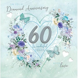 Noel Tatt Milestone Diamond Wedding Anniversary Card - 60 Years - Love Heart Wreath with Flowers & Butterflies - Eco-Friendly & Recyclable
