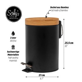 Solly´s 3 L Cosmetic Bin with Bamboo Lid, Pedal Bin with Soft-Close Mechanism for the Bathroom, Black
