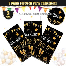 3 Packs Farewell Party Plastic Tablecloths Black Gold Glitter We Will Miss You Sign Going Away Party Table Cloth Graduation Decorations for Outdoor Indoor Retirement Bye Office Work Party (3)