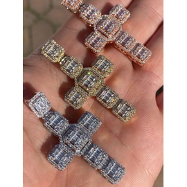 HarlemBling Solid 925 Sterling Silver - Men's Iced Baguette Cross Pendant - Flooded Out Fits Up To 6mm Necklace (Rose Gold Finish)