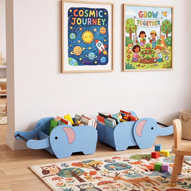 HAVLOTII Montessori Kids Bookshelf, Wooden Elephant Toddler Baby Book Shelf